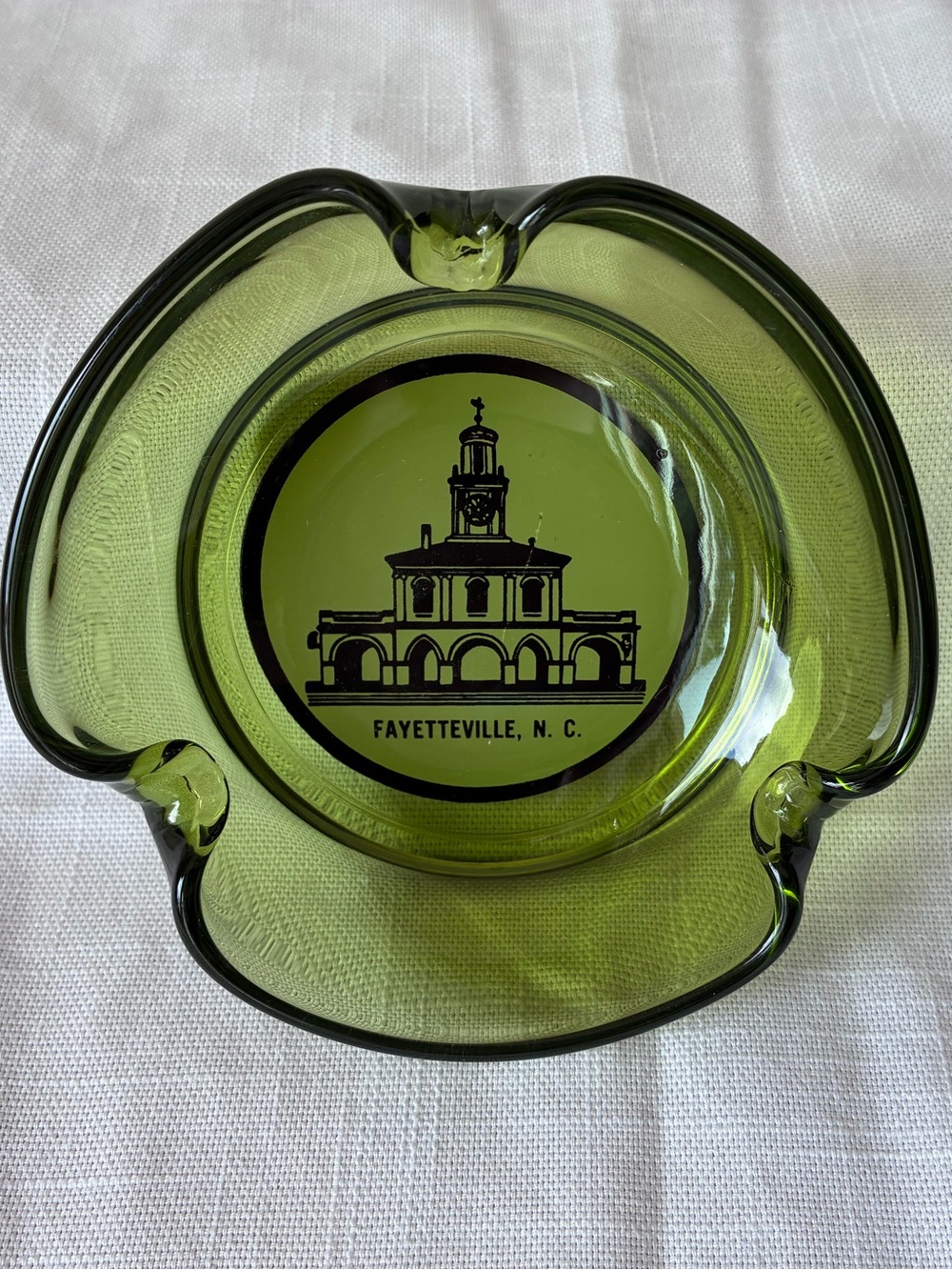 Vintage Green Glass Souvenir Ashtray - Fayetteville NC Market House